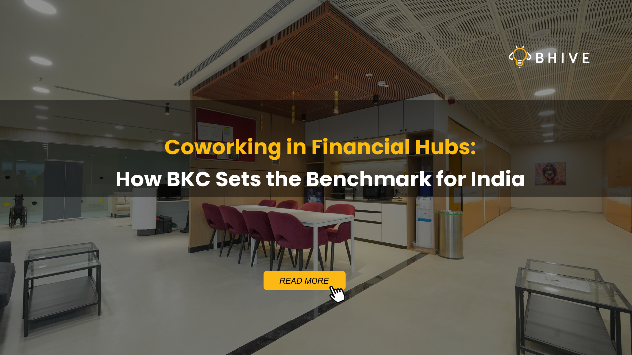 Modern coworking space interior at BHIVE BKC with seating area, meeting tables, and collaborative workspace setup.