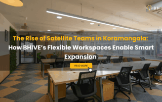 Modern coworking space in Koramangala with open desks, ergonomic chairs, and natural lighting — BHIVE Workspace.