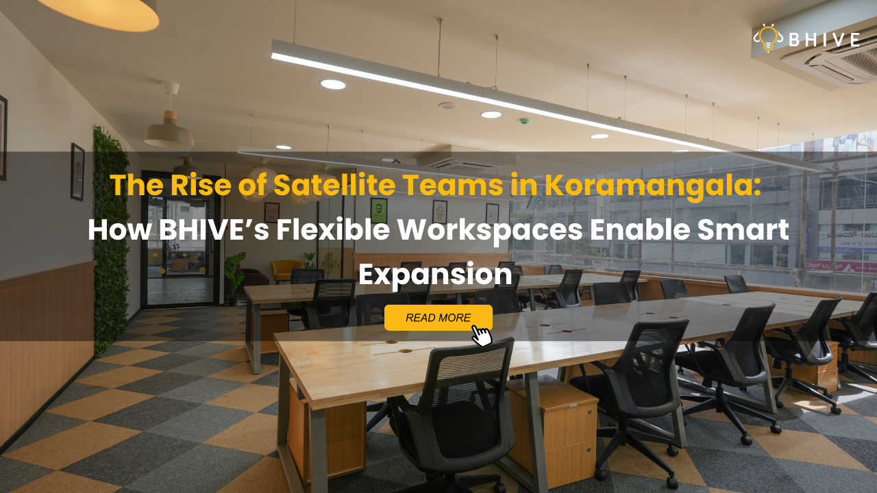 Modern coworking space in Koramangala with open desks, ergonomic chairs, and natural lighting — BHIVE Workspace.