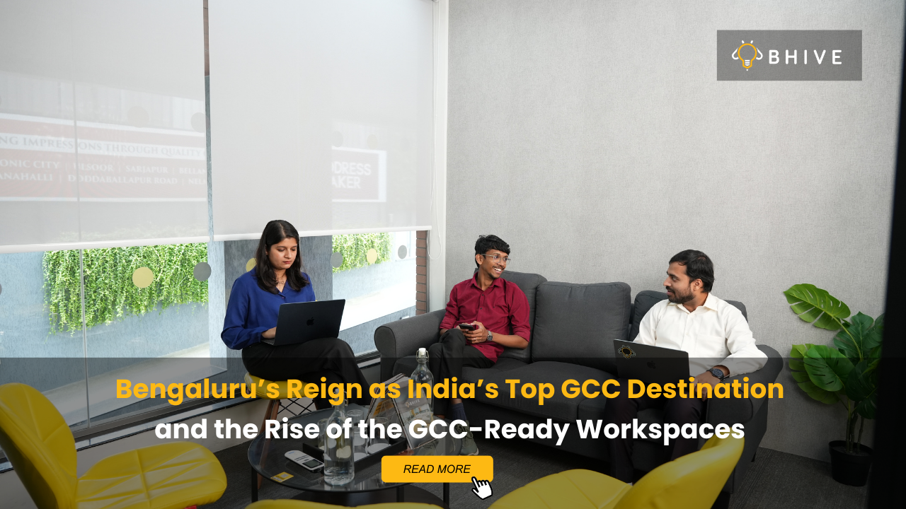 Professionals collaborating inside a BHIVE workspace in Bengaluru, highlighting a GCC-ready office environment designed for global capability centres.