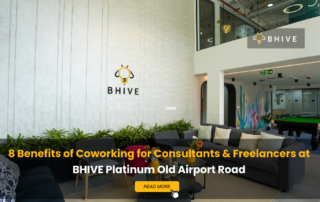 BHIVE Platinum Old Airport Road coworking lounge area with modern seating, greenery, and collaborative workspace interiors