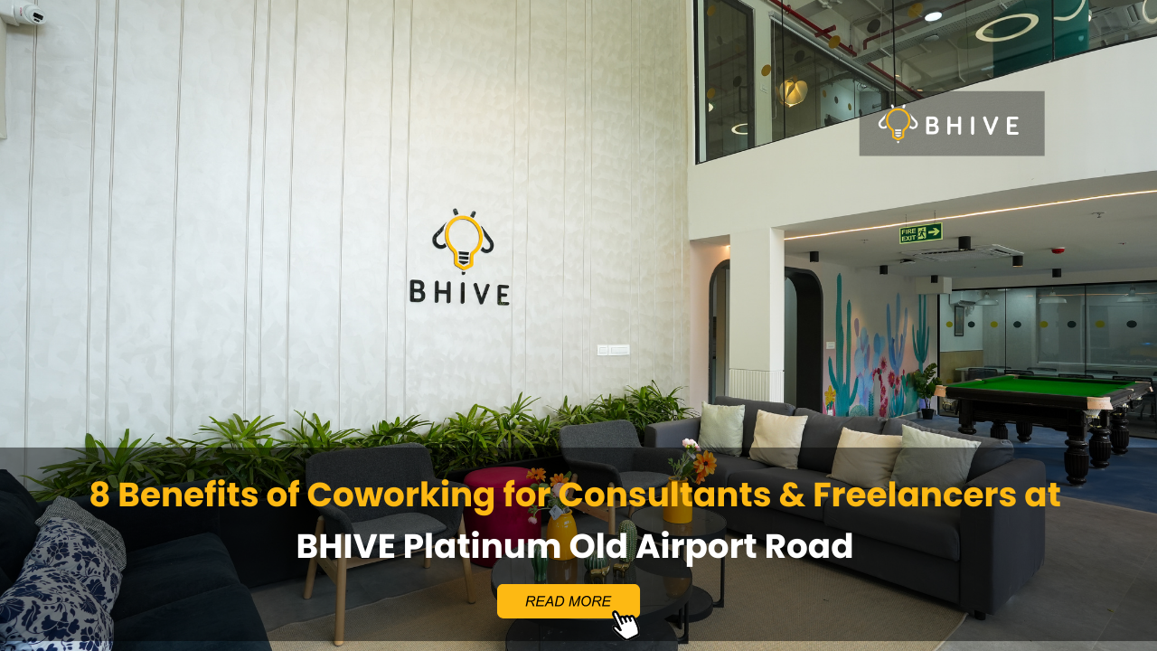 BHIVE Platinum Old Airport Road coworking lounge area with modern seating, greenery, and collaborative workspace interiors