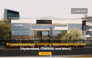BHIVE Premium campus workspace in Bengaluru featured in blog banner about emerging GCC hotspots in India including Hyderabad and Chennai.