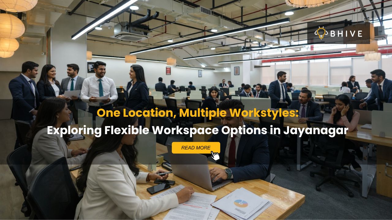 Indian professionals working and collaborating in a modern coworking space at BHIVE Premium Jayanagar with open desks and a vibrant office environment.
