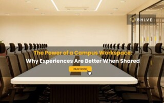Modern conference room with a long meeting table and chairs, overlaid with the text “The Power of a Campus Workspace: Why Experiences Are Better When Shared” and a “Read More” button with BHIVE branding.