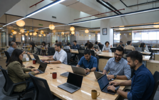 Professionals working at shared desks inside a modern coworking space in Bangalore with laptops, collaborative seating, and glass meeting rooms.