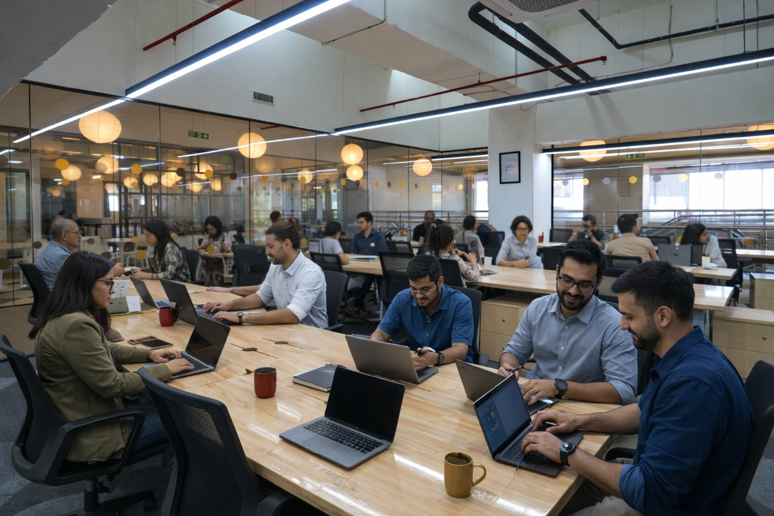 Professionals working at shared desks inside a modern coworking space in Bangalore with laptops, collaborative seating, and glass meeting rooms.