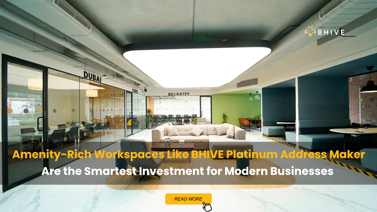 Amenity-rich workspace at BHIVE Platinum Address Maker featuring modern lounge seating, meeting rooms, and collaborative office design in Bengaluru