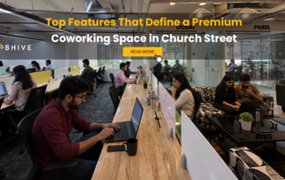Premium coworking space at BHIVE Platinum Church Street Campus featuring collaborative workstations, business lounges, and professionals working in a modern office environment.