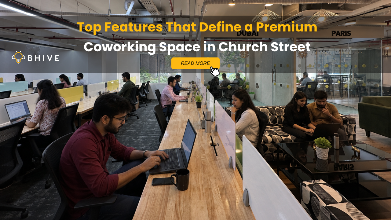Premium coworking space at BHIVE Platinum Church Street Campus featuring collaborative workstations, business lounges, and professionals working in a modern office environment.
