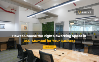 Interior of BHIVE Platinum Plus BKC coworking space in Mumbai showing open workstations, meeting room, and modern office amenities