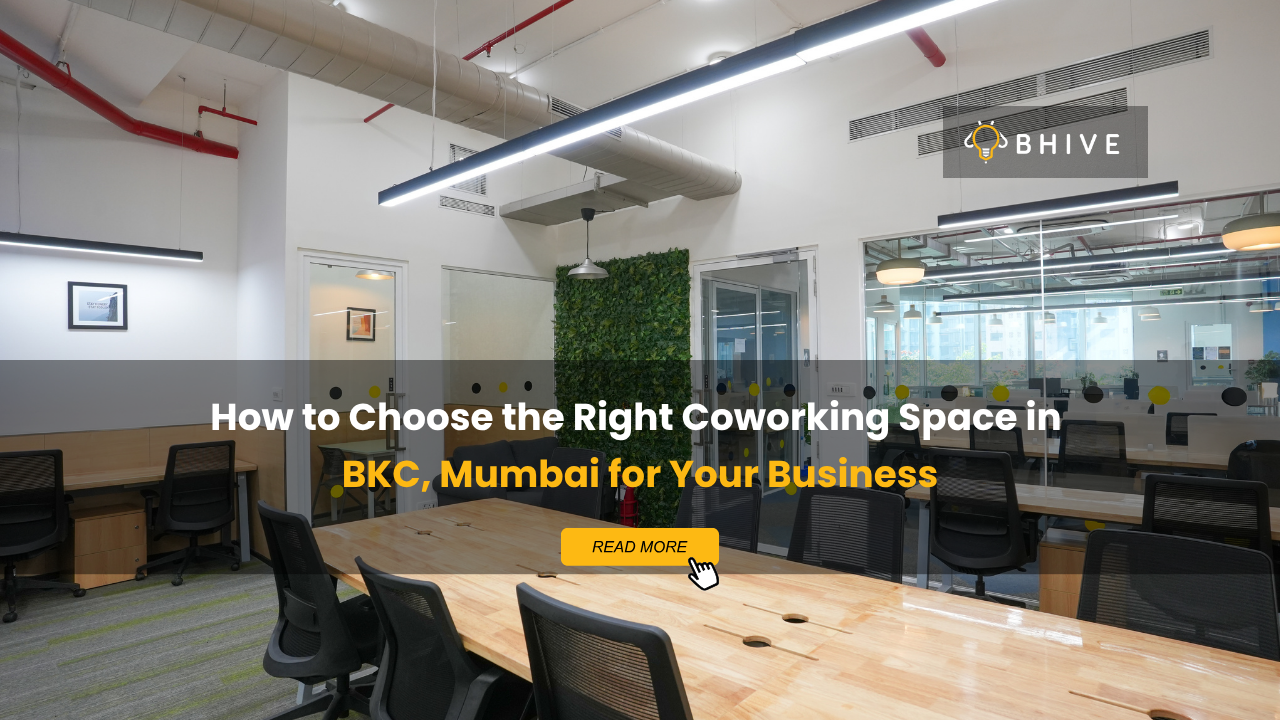 Interior of BHIVE Platinum Plus BKC coworking space in Mumbai showing open workstations, meeting room, and modern office amenities