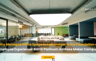 Modern managed office space in Indiranagar at BHIVE Platinum Address Maker Campus featuring collaborative lounges, meeting rooms, and premium workspace design.